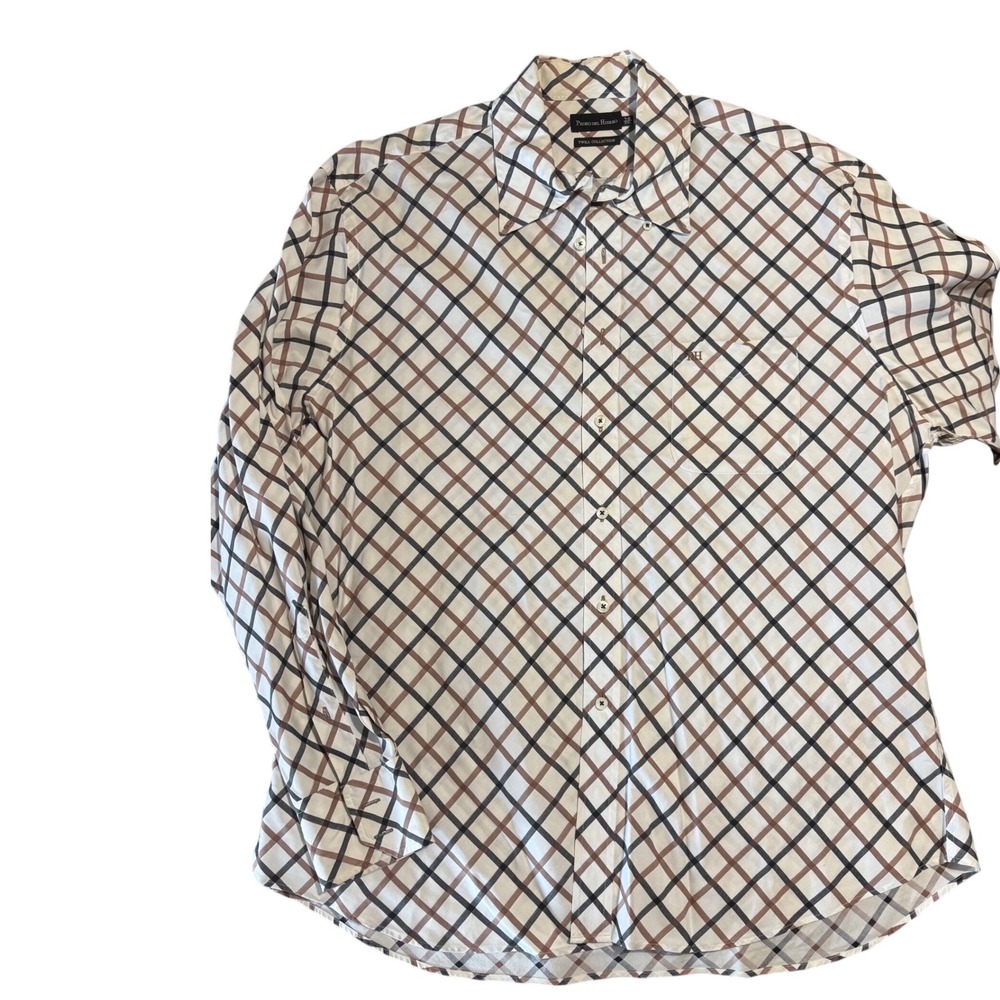Pedro del Hierro Shirt Mens XXL Cotton Twill Grid Check Ivory Brown Long Sleeve